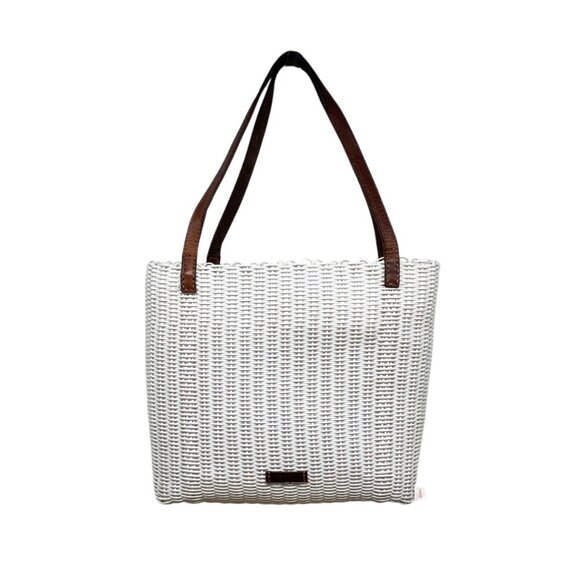 Fibra White Woven Brown Handles 97% Recycled Plastic Lightweight Tote Bag Sz M - Picture 1 of 9